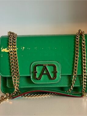 Arcadia Green Patent Leather Chain Shoulder Bag